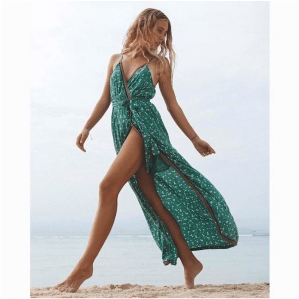 Billabong green floral silky maxi dress